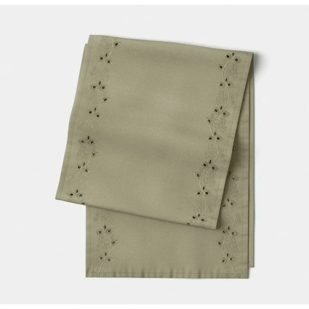 Table Runner 100% Cotton Eyelet Green Threshold 14” X 72”